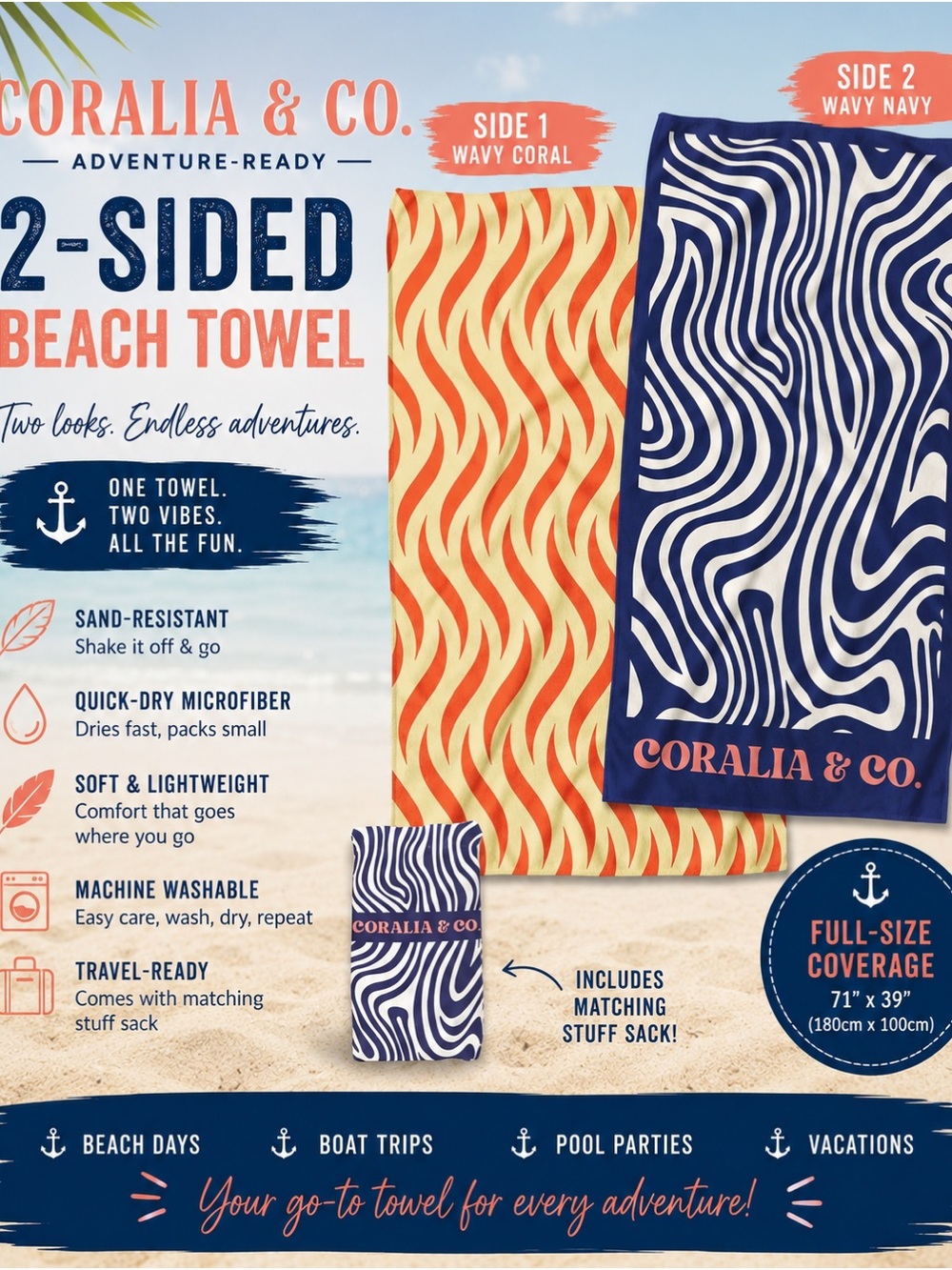 Two-Sided Wavy Navy and Coral Microfiber Beach Towel in a bag.